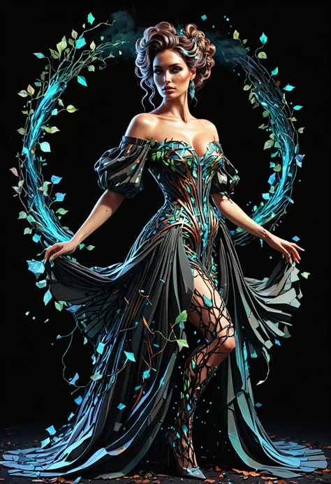 hologram of full body woman, off-shoulder dress, puffy sleeves, shattered reference of mind, abstract, microdisplacement , vines, (biocore:1.1), humanoid, style of Dan Mumford, (charred:1.2), burnt vines, desolate wasteland, <lora:GeorgianStyleLocal:0.5> G...