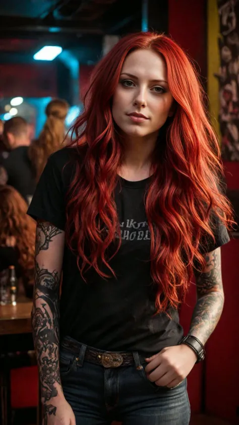 A cute Irish rocker girl, a black t-shirt, jeans, (very long wavy red hair:2), Rockstar makeup, in a nightclub, dramatic scene, natural light, detailed face, detailed eyes, detailed skin, photo-realistic, extreme-realism, (full body shot:1.9)