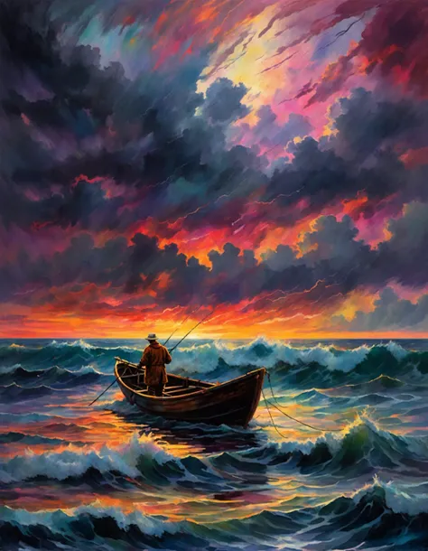 an impressionistic artwork LSD Trip an fisherman on open see in a stormy see ,colorful sky, painting, undefined