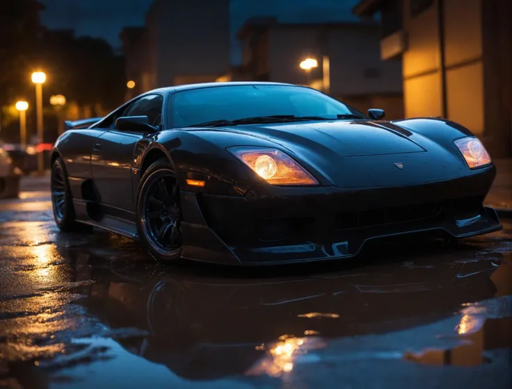 sports car, cyberpunk, reflecting puddles, Fujichrome Provia 100F, F/8, RTX, photolab, high quality photography, 3 point lighting, flash with softbox, 4k, Canon EOS R3, hdr, smooth, sharp focus, high resolution, award winning photo, 80mm, f2.8, bokeh