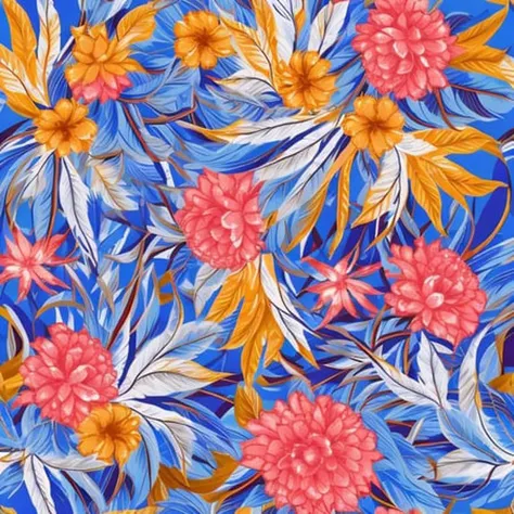 a painting of a blue background with orange and yellow flowers