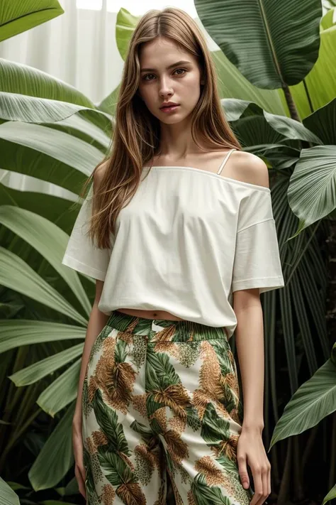 a woman standing in front of a large plant with a white top