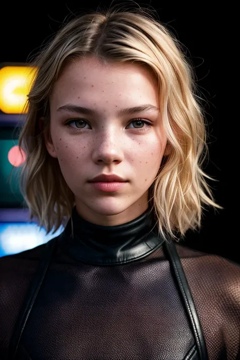 photo of (ryamp0lsky-135:0.99), closeup portrait, perfect blonde hair, portrait, (modern photo, Violet bodysuit), 24mm, (analog, cinematic, film grain:1.3), (A high-tech virtual reality arcade, where visitors can immerse themselves in interactive digital w...