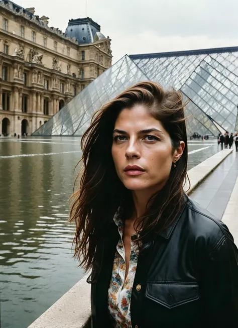 A stunning intricate full color portrait of (sks woman:1) in Paris, at the Louvre Museum, wearing adidas blouse, epic character composition, sharp focus, natural lighting, subsurface scattering, f2, 35mm, film grain, , by Michael Kenna, <lora:locon_selmabl...