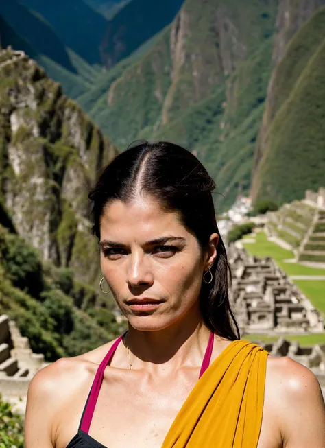 portrait of sks woman in Machu Picchu, with the ancient ruins in the background, by Flora Borsi, style by Flora Borsi, bold, bright colours, ((Flora Borsi)), by Gregory Crewdson, <lora:locon_selmablair_v1_from_v1_64_32:1>