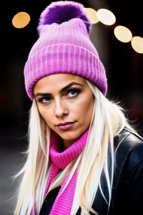 a woman with long blonde hair wearing a purple hat and scarf