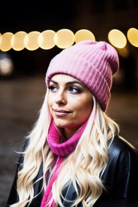 a close up of a woman wearing a pink hat and scarf