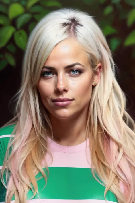 a close up of a woman with long blonde hair and a green and white shirt