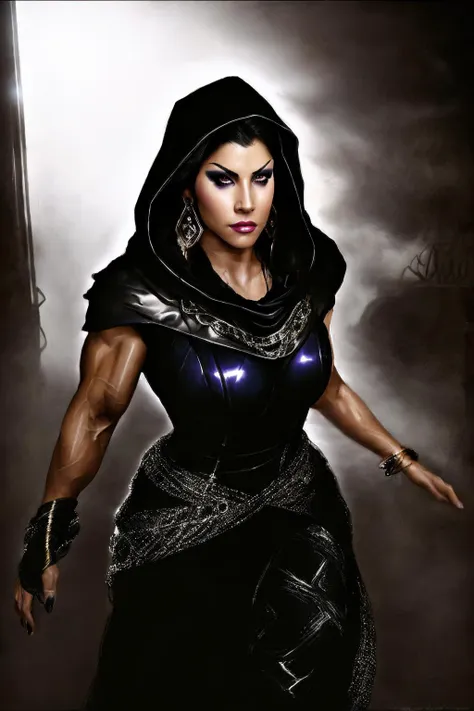 a woman in a black dress with a hood and a sword