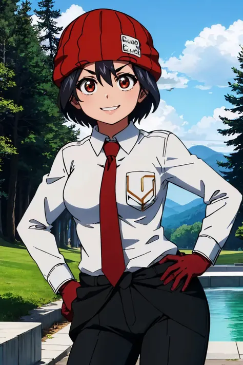 anime character in uniform standing in front of a pool