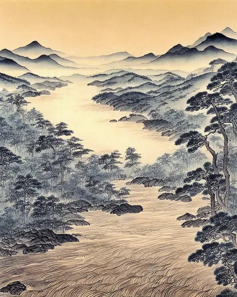 a painting of a mountain scene with a river and trees