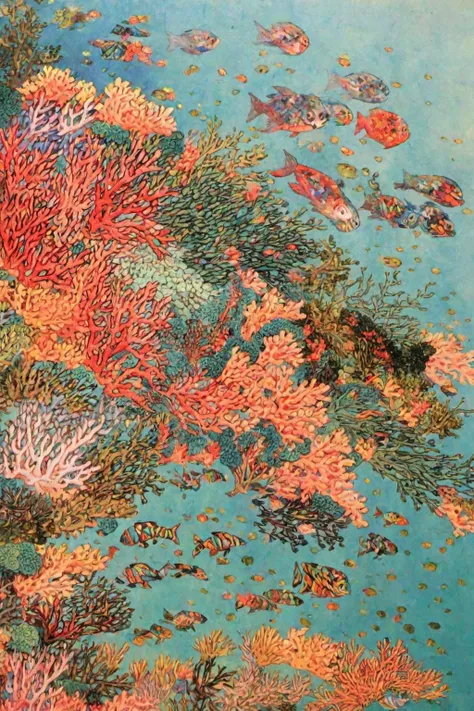 best quality, masterpiece, high resolution, kimhongdo painting, kimhongdo style, heoryeon style, whtjs, tnanr, The emerald waters are filled with colorful coral reefs and colorful fish.