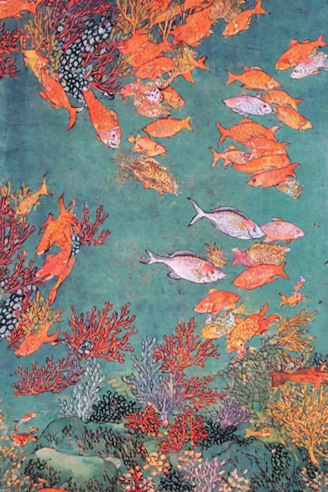 kimhongdo painting, kimhongdo style, heoryeon style, whtjs, tnanr, The emerald waters are filled with colorful coral reefs and colorful fish.