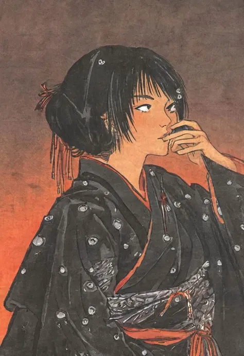 a close up of a painting of a woman in a kimono