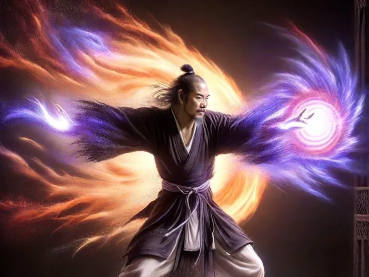 Dreamscape, a lifelike-realistic-lookalike male ancient chinese kung fu monk training in an ancient chinese Dojo doing fighting pose, Qi halo shinning around the monk body, Himura Kenshin Kimono, Perfect Hands, solo, zdyna_pose, (indoors), ral-dissolve, Cr...