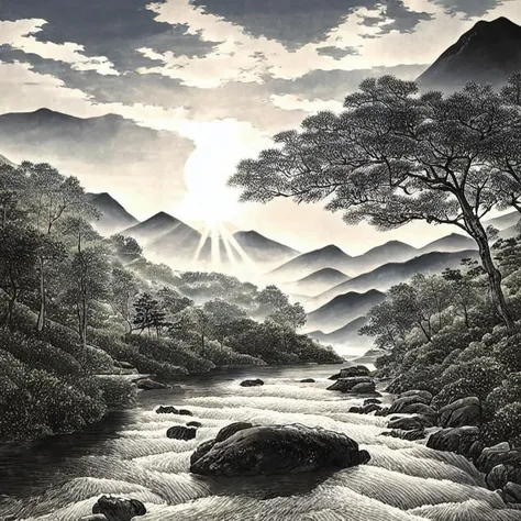 a painting of a river with rocks and trees in the foreground