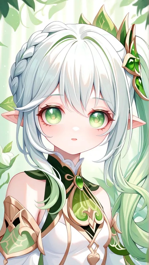 face portrait, (Face close up:1.2), masterpiece, score_9, score_8_up, score_7_up, best quality, Dress, side ponytail, white hair, Hahida genshin impact, green eyes, Pointy ears
