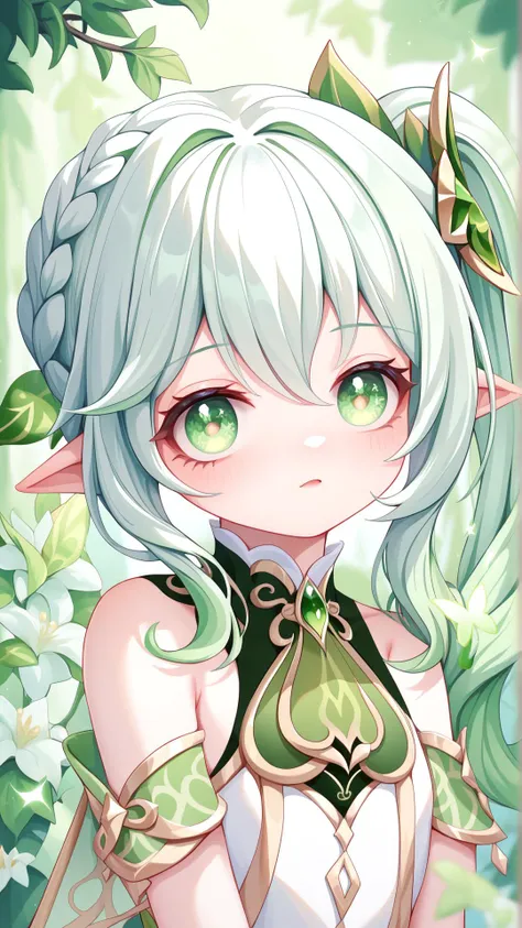 face portrait, (Face close up:1.2), masterpiece, score_9, score_8_up, score_7_up, best quality, Dress, side ponytail, white hair, Hahida genshin impact, green eyes, Pointy ears