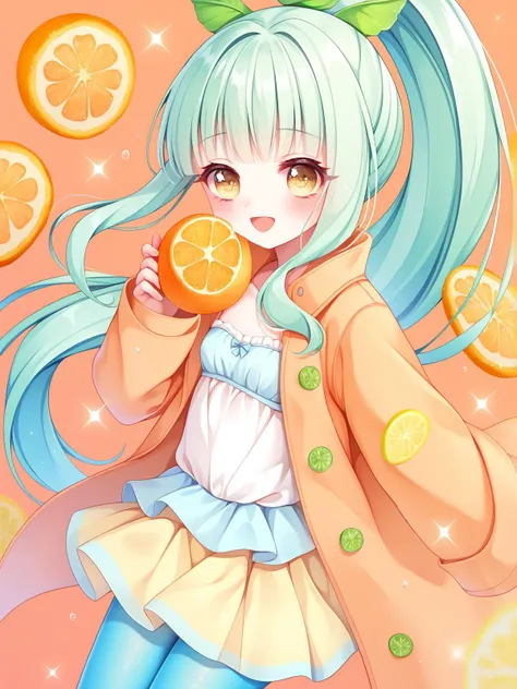 masterpiece, score_9, score_8_up, score_7_up, best quality, arms over, shy, green dragon horns, small chest, long ponytail, mint white hair, multicoloured hair, two coloured hair, gradient hair, yellow eyes, long orange coat, oranges, lime, lemonade, lemon...