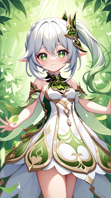 a woman in a white dress and green hair standing in a forest