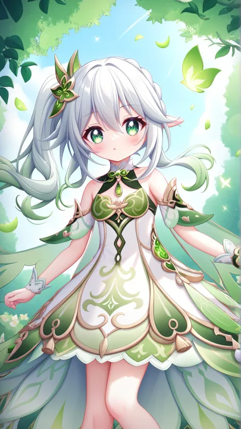 a girl in a green dress with a butterfly on her head