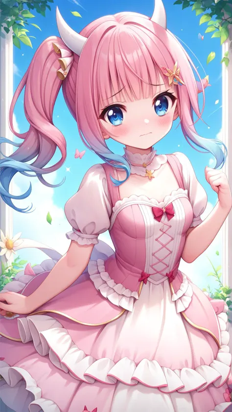 Score_9, score_8_up, score_7_up, masterpiece, best quality, 1girl, (Pink hair:1.1), blue eyes, Gradient hair, White horns, (small breasts:1.1), Very embarrassed, Pink dress, (light blue hair tips:0.9), Side ponytail, YTM, yutamix-twinkle