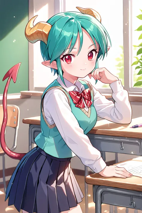 anime girl with horns and a skirt in a classroom