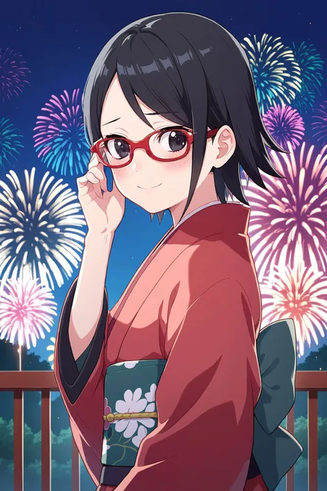 source_anime, ytm, score_9, score_8_up, score_7_up, masterpiece, best quality, detailed, Sarada Uchiha, solo, 1girl, black hair, short hair, red-framed eyewear, glasses, black eyes, white and red kimono, night sky, fireworks, sakura tree, blush, shy smile,...