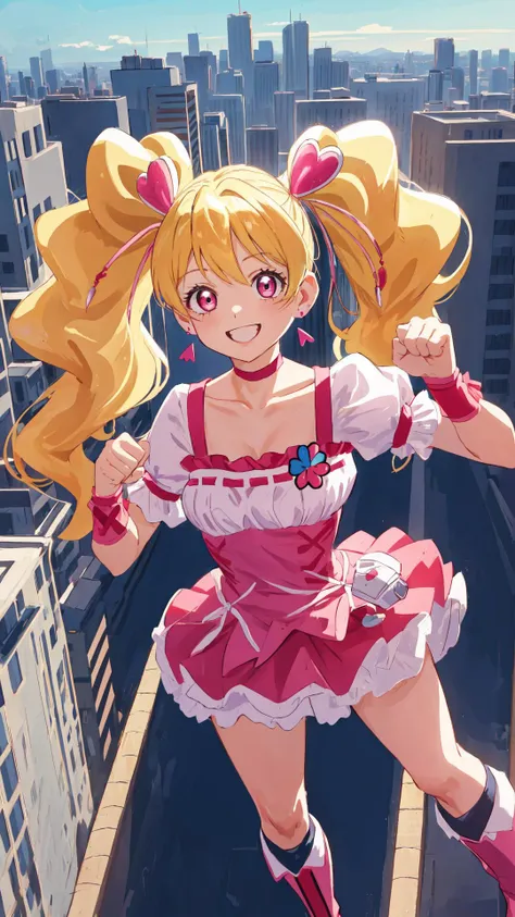 anime girl in a pink dress flying over a city