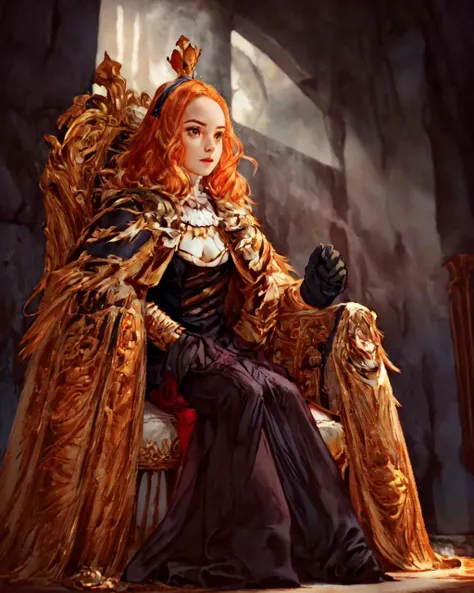 <lora:e7 Charlotte2:0.6> e7 Charlotte, small crown, big forehead, sitting on her throne, small boobs, flat chest, 14 years old, orange hair, throneroom in background,
(masterpiece),  best quality, highres, 4k, 8k, Detailed Illustration, intricate detail, c...