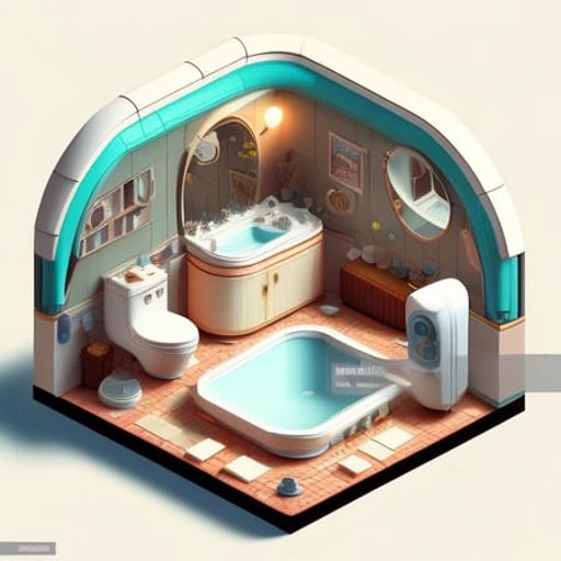 duskametrick15  isometric cutaway big bathroom in ussr style, rim lighting