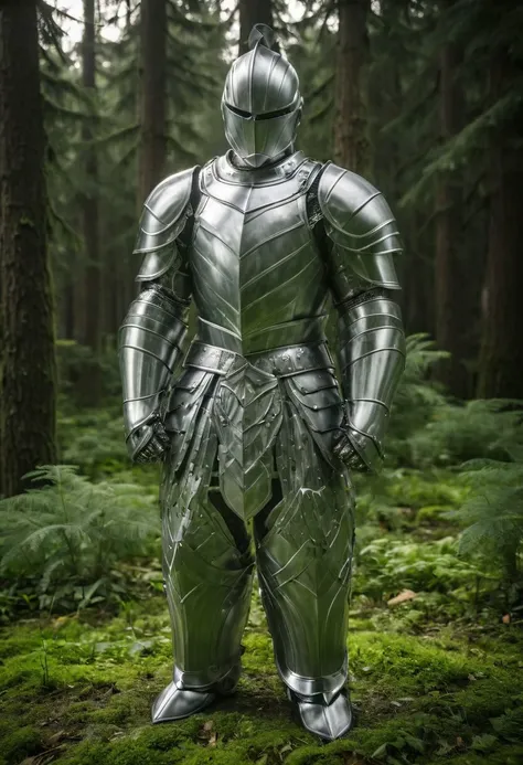 a close up of a person in a suit of armor in a forest