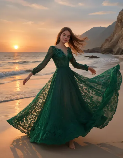 a woman in a green dress standing on a beach