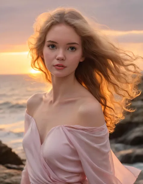 a close up of a woman in a pink dress near the ocean