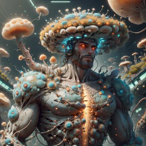 a close up of a man with a hat on his head surrounded by mushrooms