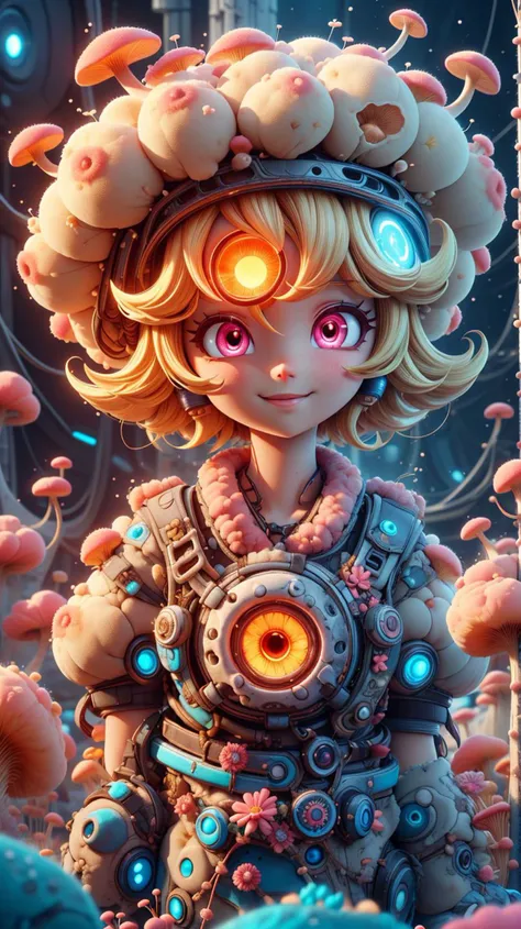 <lora:MyceliumTech-21:0.8>,myceliumtech,scifi,Psychedelic,Mycelia,spongy,princess peach,scroll,1girl,short hair,blonde hair,glowing eyes,smile,closed mouth,pink eyes,upper body,