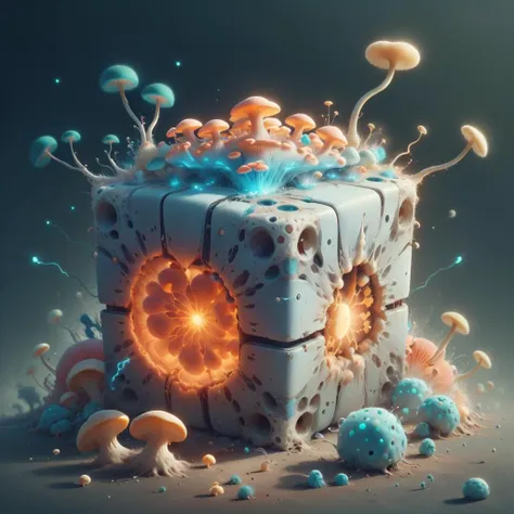 a digital painting of a cube with a lot of mushrooms on it