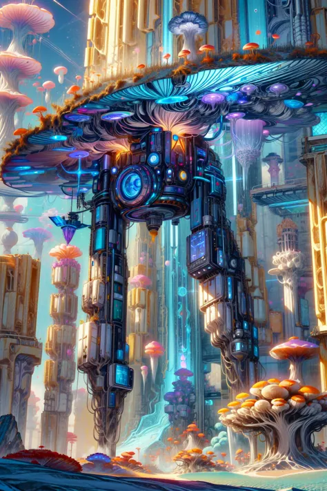 a painting of a futuristic city with a giant robot in the middle