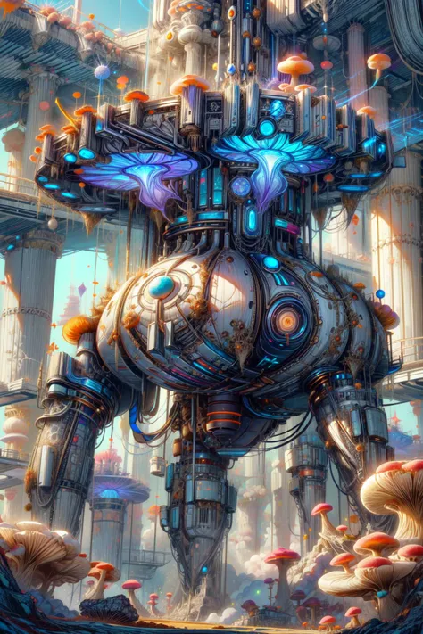 a digital painting of a giant robot surrounded by mushrooms