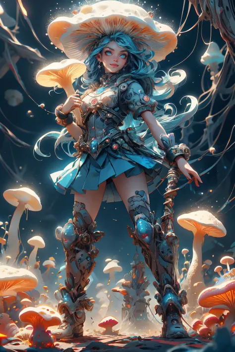 cinematic film still, ((masterpiece, best quality, realistic, detailed:1.2),1girl,full body,smile,solo,standing,magical_girl,white background,wrist cuffs,long hair,blue hair,bloodshot eyes,extra_eyes,multicolored_clothes,microskirt,shiny clothes,dynamic po...