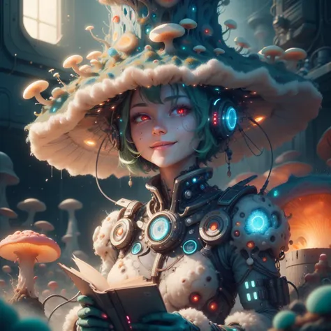 a woman in a hat with headphones and a book