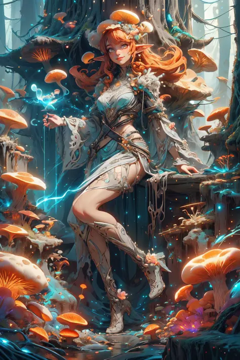 breathtaking, ((masterpiece, best quality, realistic, detailed:1.2),full_body,1girl,brown_skin,makeup,grey eyes,elf ears,bangs,scar,smile,very long hair,orange hair,flowers,forest,myceliumtech,scifi,Psychedelic,Mycelia,spongy,,bioluminescent,:1.1), award-w...