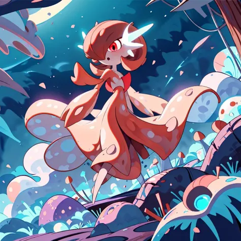 a cartoon girl in a red dress is standing in the woods