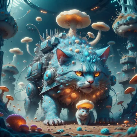 <lora:MyceliumTech-21:0.8>, myceliumtech , scifi, Psychedelic ,Mycelia,spongy,
armored cat, animal, kitten on a carpet ,