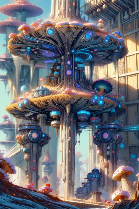 a painting of a futuristic city with a giant mushroom like structure