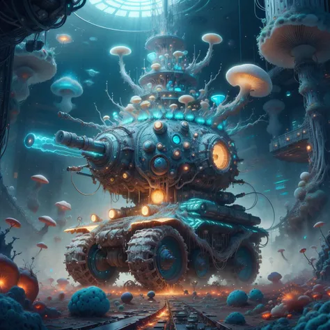 a futuristic looking artwork of a tank surrounded by mushrooms