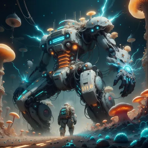 a robot standing in front of a mushroom filled field