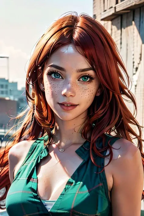 a Redhead amazon girl with (freckles), bright red hair, long hair, sidelocks, cowboy shot, blue eyes, confident smile, bttrfrckl, 
beautiful, masterpiece, best quality, ((adult)), extremely detailed face, perfect lighting, 1girl, solo, photorealistic, hi r...