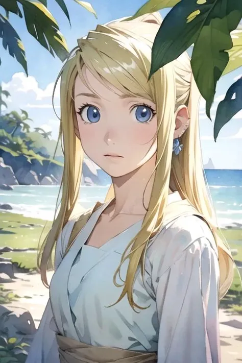 masterpiece, best quality, movie still, 1girl, solo, looking at viewer, upper body, depth of field, (watercolor illustration, soft pastel colors:1.1), realistic, <lora:winry_rockbell:0.74>, winry_rockbell, blonde hair, blue eyes, , , neverland: A lost isla...