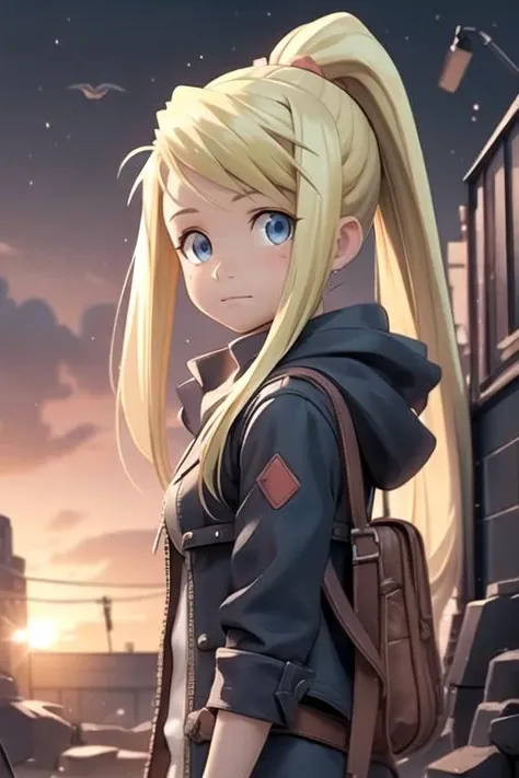 masterpiece, best quality, sketch, 1girl, solo, looking at viewer, , depth of field, ligne claire, , <lora:winry_rockbell:0.68>, winry_rockbell, blonde hair, blue eyes, ponytail, , post-apocalyptic,